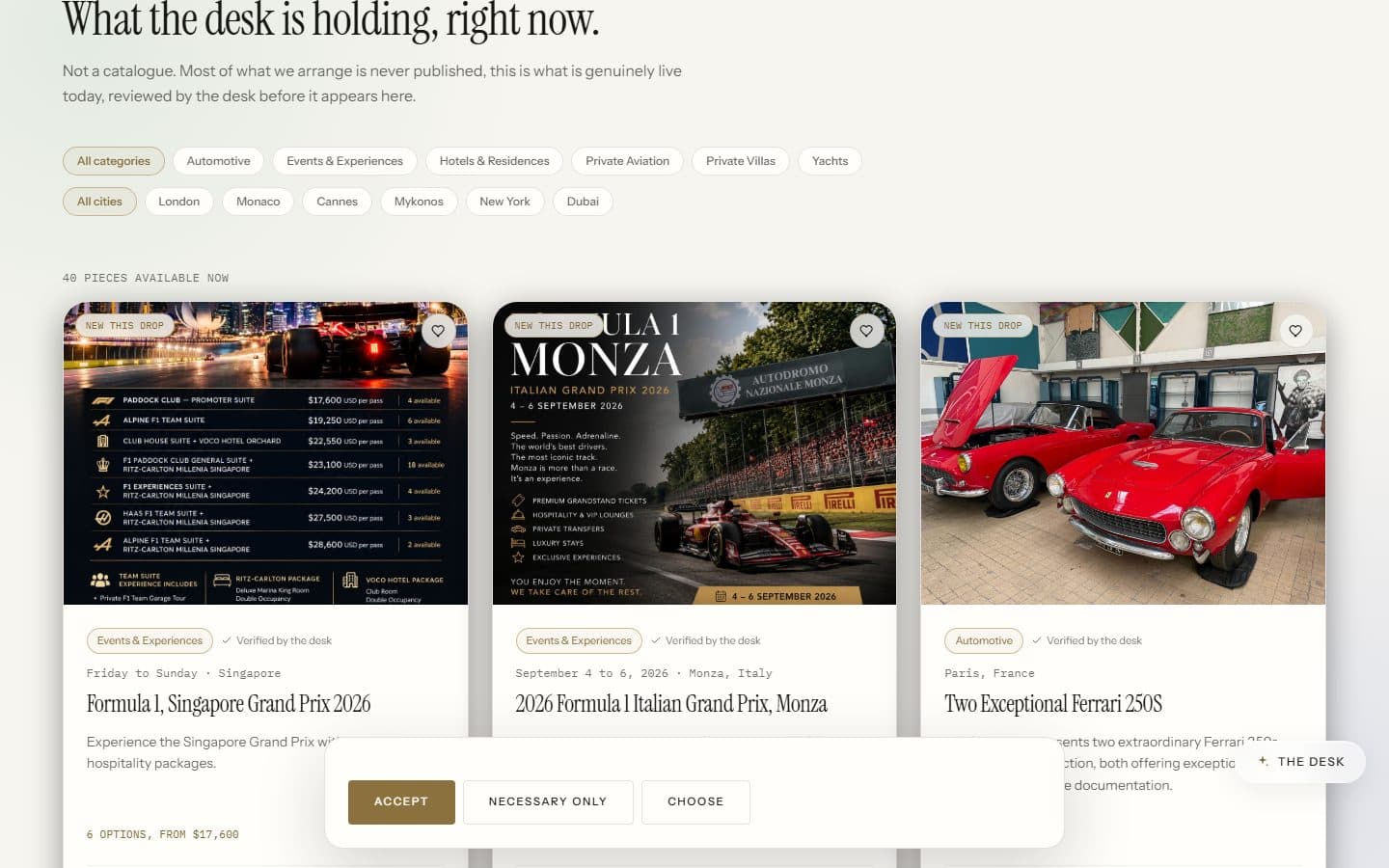 The FJS Concierge listings page showing published offers