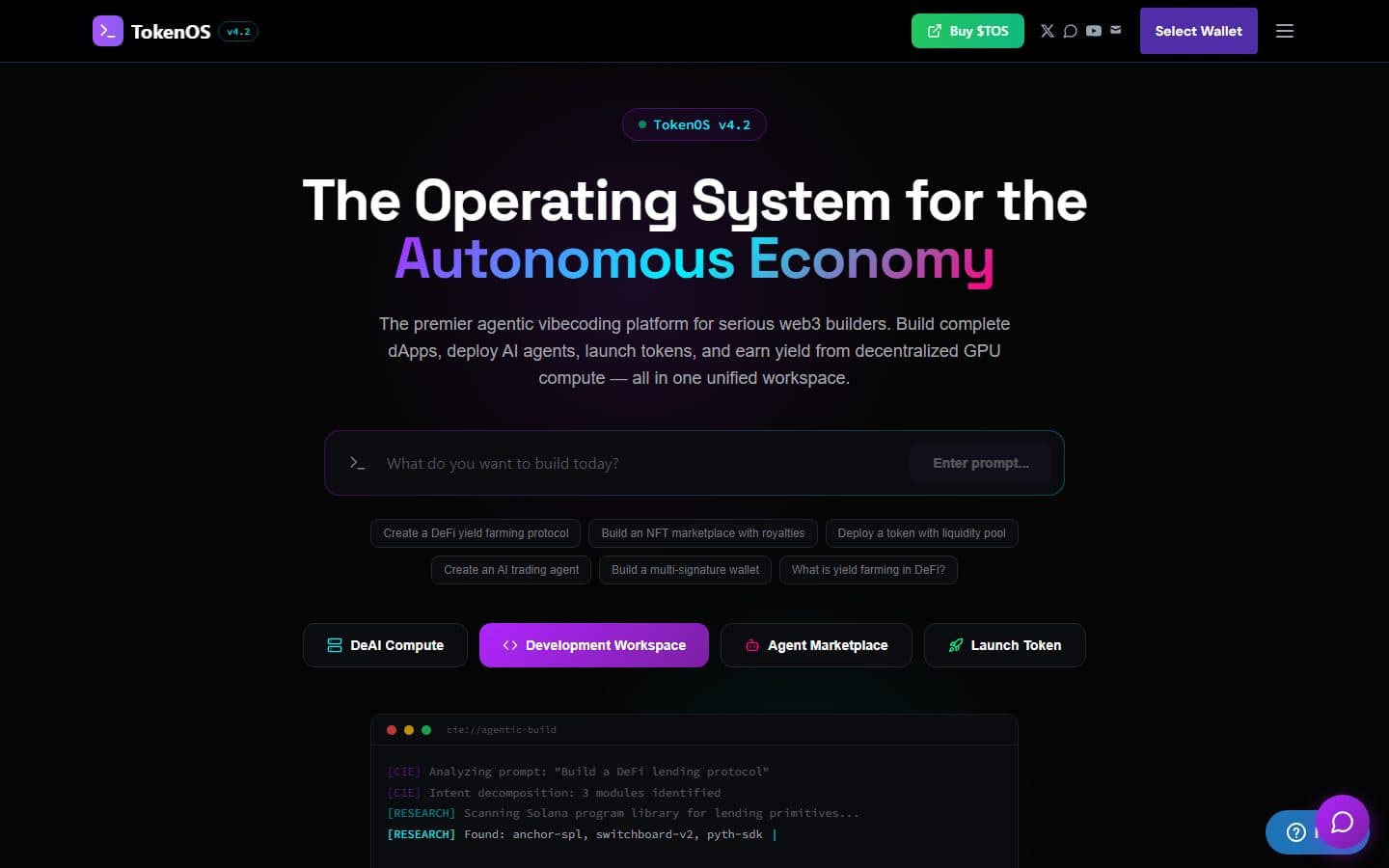 TokenOS home screen with the natural-language prompt bar and the development workspace, agent marketplace and token launch entry points
