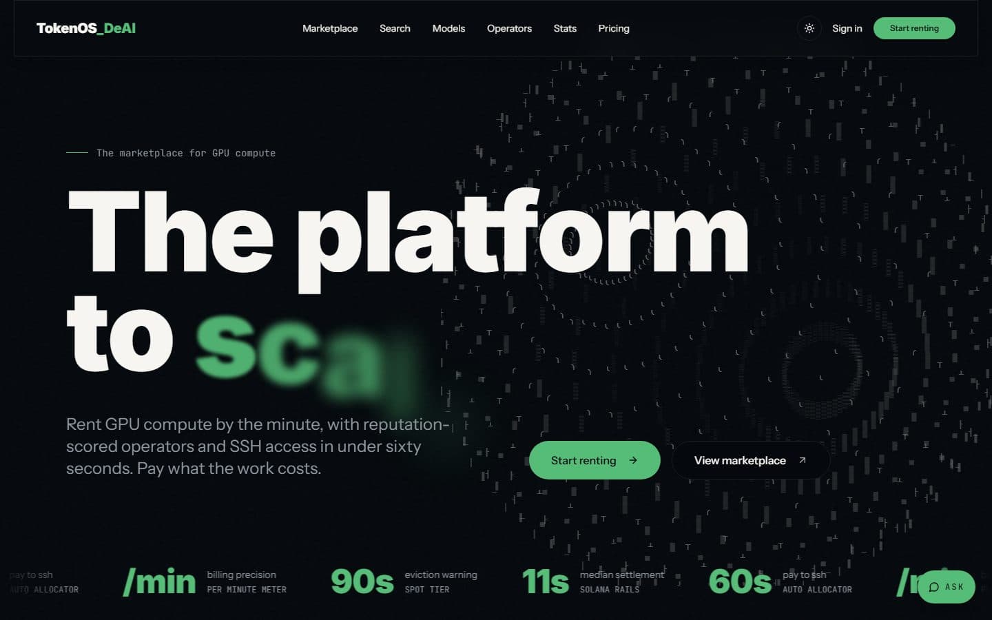 TokenOS GPU marketplace landing screen describing per-minute GPU rental, reputation-scored operators and SSH access