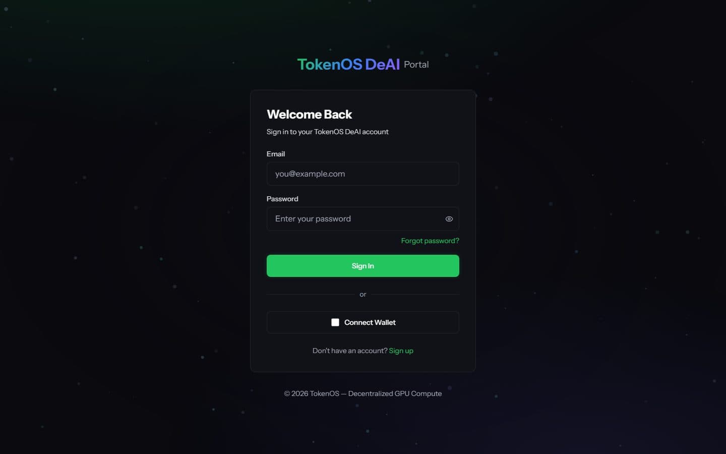 TokenOS DeAI Portal sign-in screen with email and password fields and a Connect Wallet option